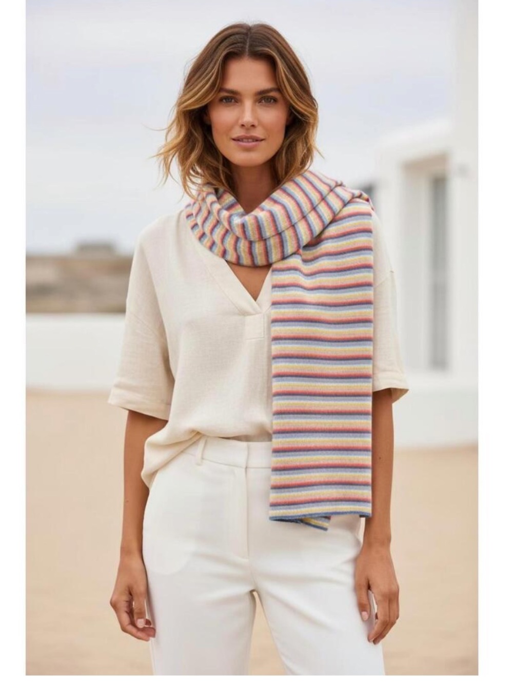 White + Warren Pastel Combo Cashmere Striped Mini Scarf 20681